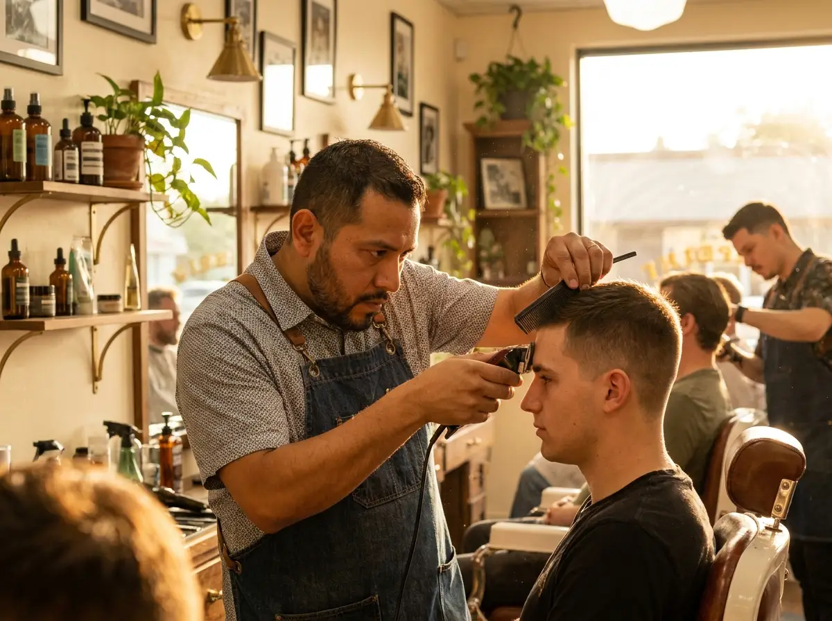 Barbero cortando el cabello a un cliente