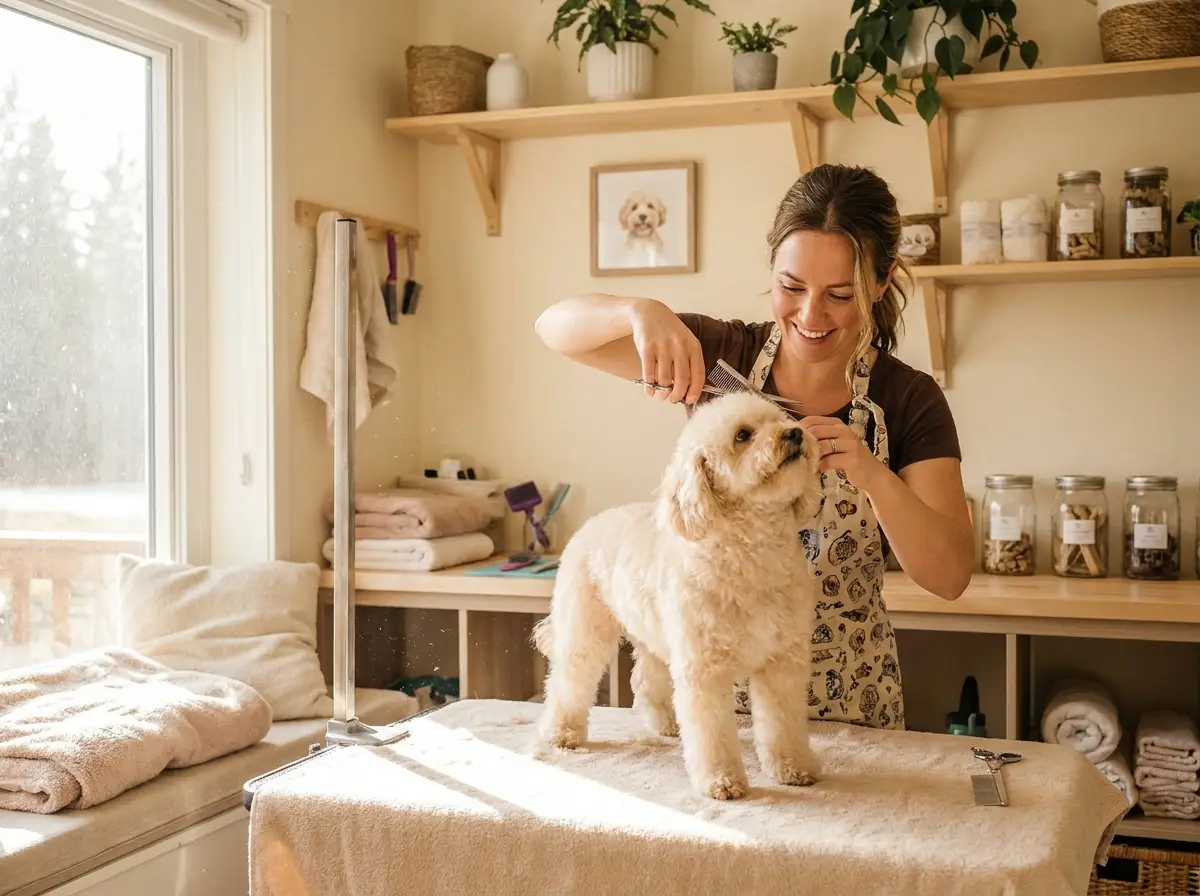 Groomer recortando a un perrito